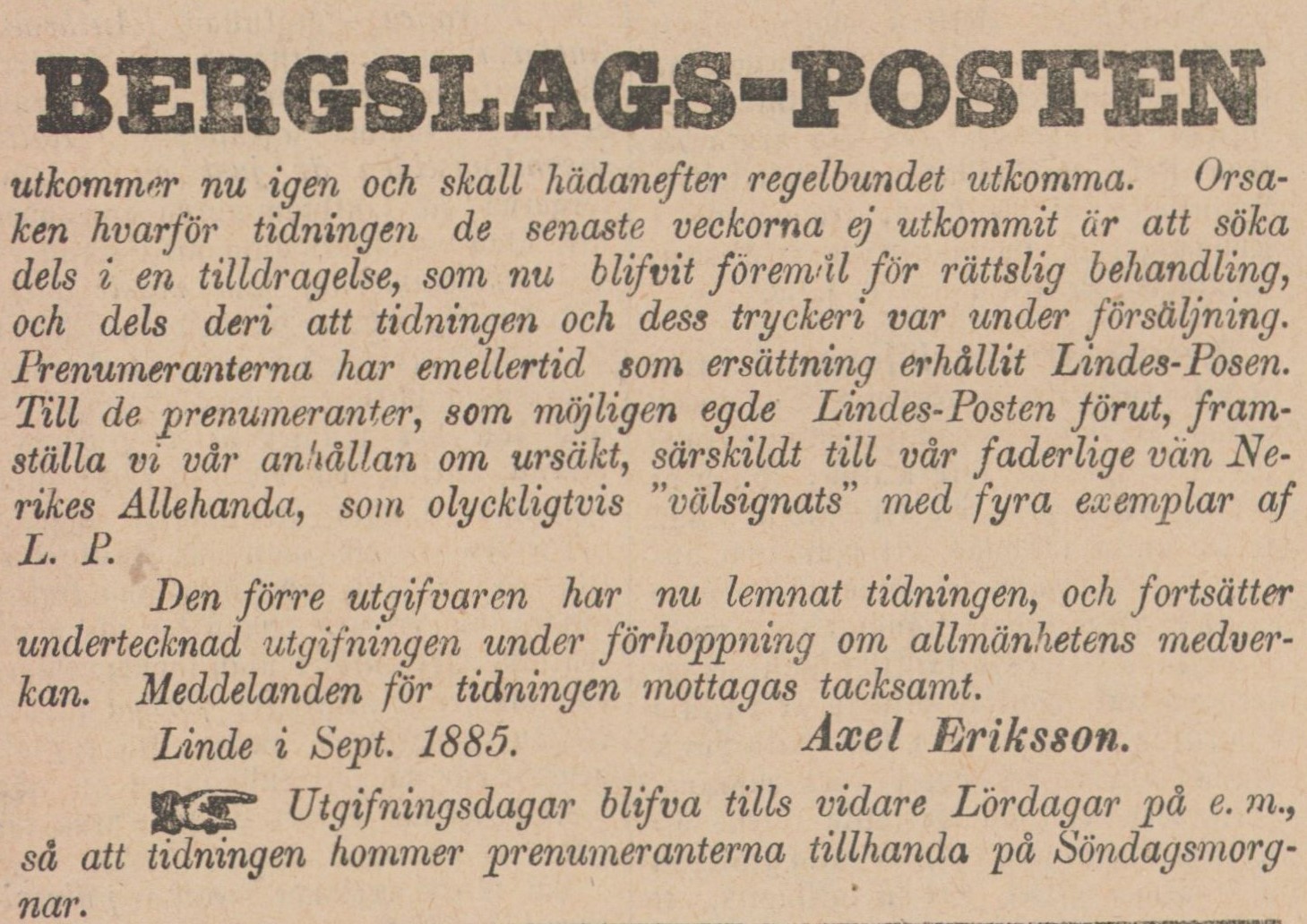 Gulnat tidningsklipp. Text: Bergslags-Posten utkommer nu igen.