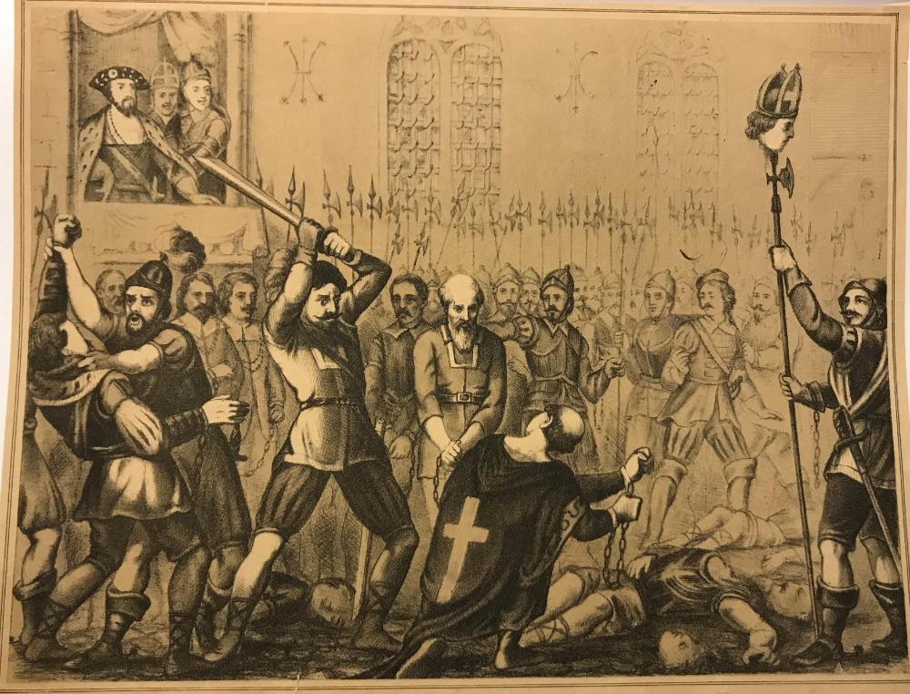 Kristian II står och tittar på när flera kedjade män blir attackerade av män med svärd. På marken ligger kroppar och avhuggna huvuden, ett huvud med biskopsmössa är spetsat på ett spjut som hålls upp av en soldat.
