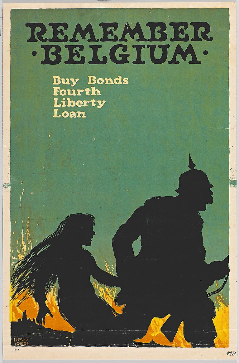Affisch med budskapet "Remember Belgium", föreställandes en man som rövar bort en ung flicka. 