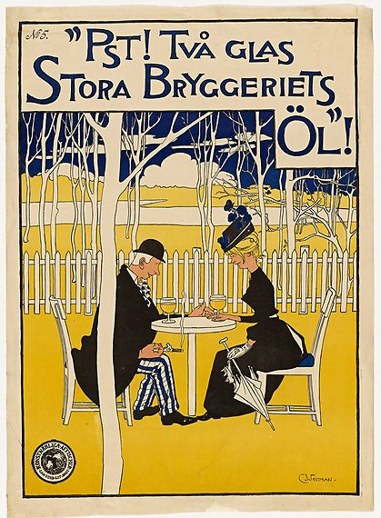 Illustrerad affisch med texten: &quot;Pst! Två glas stora bryggeriets öl.&quot; Ett par sitter vid ett bord omgivna av träd. 