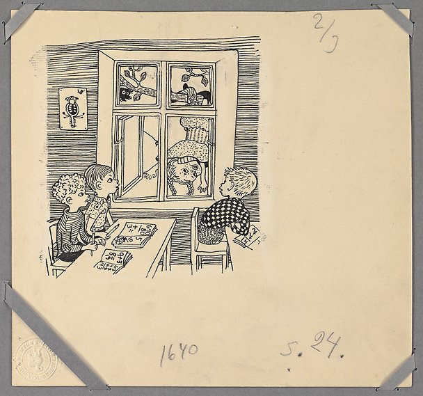 Tre barn i ett klassrum. En flicka tittar in genom fönstret.
