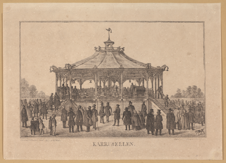 Teckning av folksamling framför karusell.